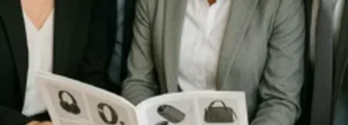 Ejecutivos en reunión revisando catálogos corporativos